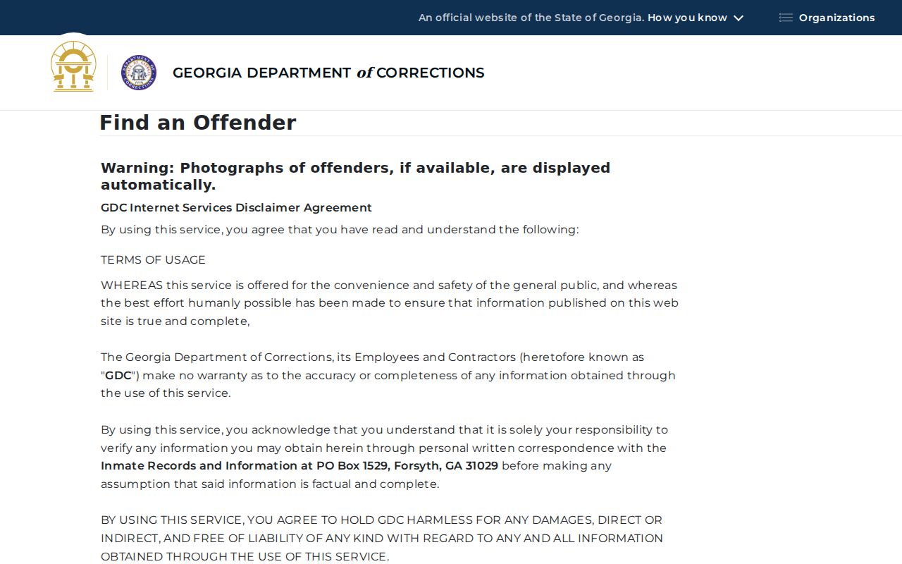 GDC Offender Query form for state correctional records