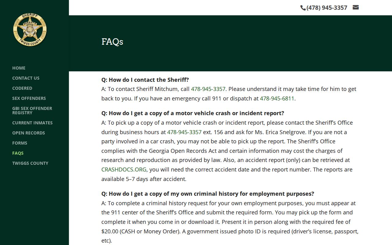 Twiggs County Sheriff jail and report FAQ