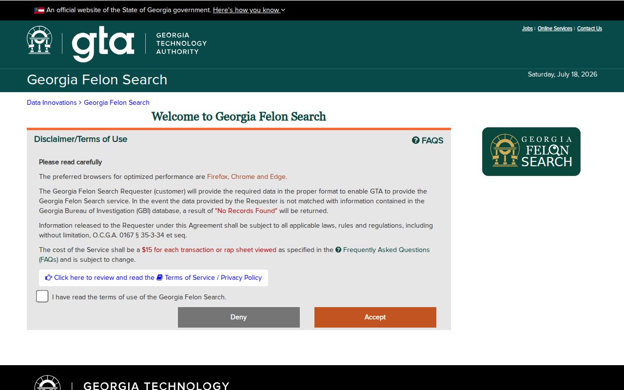 Georgia Felon Search screen used for Twiggs County conviction queries